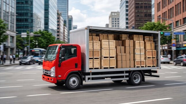 Delivery truck loaded with stacked cardboard boxes secured with straps parked on modern city street, representing shipping, cargo transportation, logistics and delivery service business.