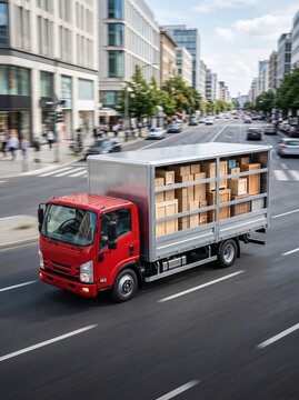 Delivery truck loaded with stacked cardboard boxes secured with straps parked on modern city street, representing shipping, cargo transportation, logistics and delivery service business.