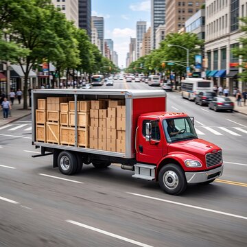 Delivery truck loaded with stacked cardboard boxes secured with straps parked on modern city street, representing shipping, cargo transportation, logistics and delivery service business.