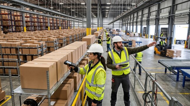 Warehouse workers in safety vests scanning cardboard boxes with barcode scanner inside large distribution center, representing inventory management, logistics and supply chain operations.