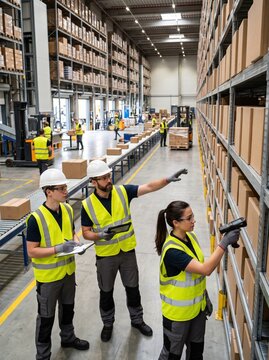 Warehouse workers in safety vests scanning cardboard boxes with barcode scanner inside large distribution center, representing inventory management, logistics and supply chain operations.