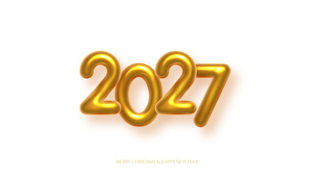 2027 Happy New Year greeting card background. 2027 golden balloon numbers on white. Luxury festive sparkle holiday postcard, invitation, banner for social media. Vector illustration.