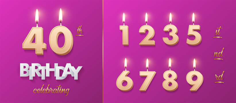 Birthday anniversary number cake candles. Birthday golden beige candles set with number 40 isolated on pink for party invitation, greeting card, poster, congratulation. Luxury vector background