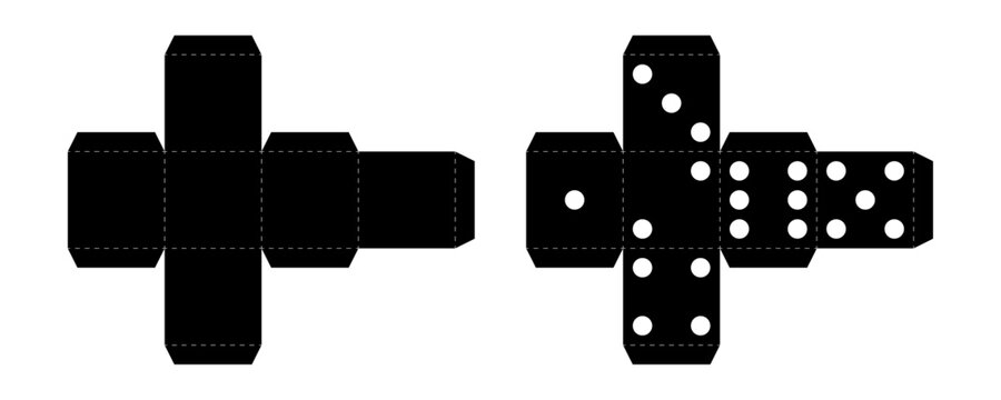 Dice cube set. Paper cube template with cut lines for crafting dice or gift boxes. Printable net layout offers simple blueprint to make geometric cardboard models for board games. Vector illustration.