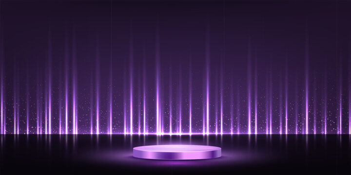 Award podium with curtain backdrop and sparkling light rays. Luxury elegant purple stage for winners, champions, and premium ceremony celebrations with silk drapes. Vector illustration.