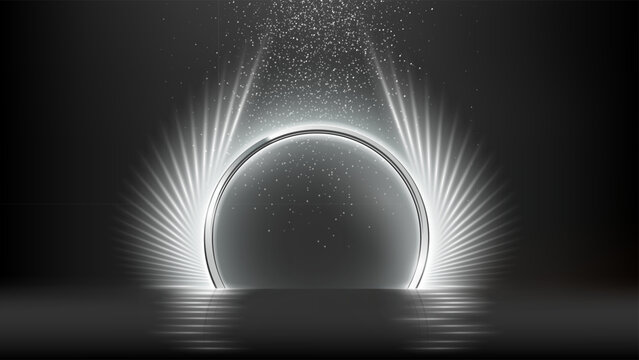 Silver white light arch. Shiny arc with radiant beams and falling sparkles above glossy reflection on dark background. Luxurious festive vector illustration.