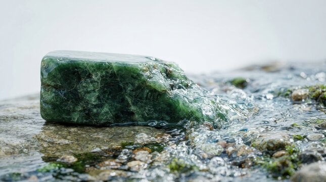 Green jade gemstone in a flowing mountain stream