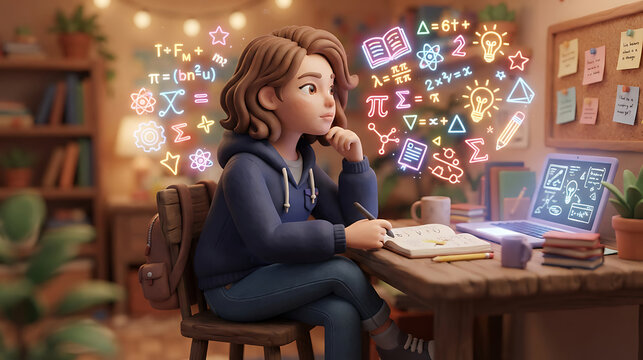 Cartoon Student Studying Mathematics with Glowing Educational Icons