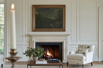 Fototapeta premium Elegant living room featuring a white armchair, a decorative fireplace with a painting above, and a coffee table adorned with books and a potted plant