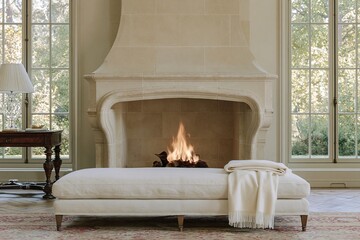 Fototapeta premium Elegant European estate living room featuring a grand carved limestone fireplace with a cozy fire, plush white sofa, and large windows overlooking a lush garden