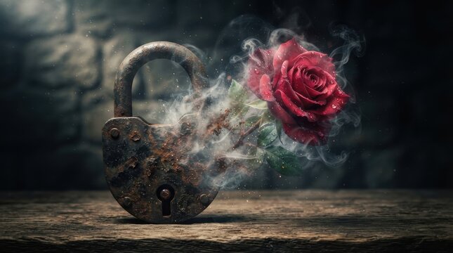 Red rose and rusted padlock with smoke
