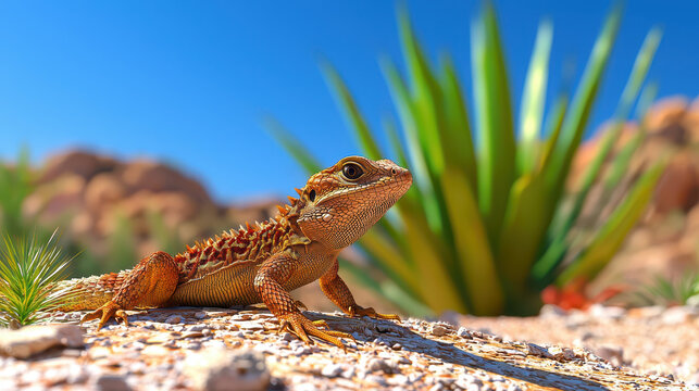 Vibrant lizard rests on sandy terrain, surrounded by desert plants and rocks, showcasing its intricate scales and colors