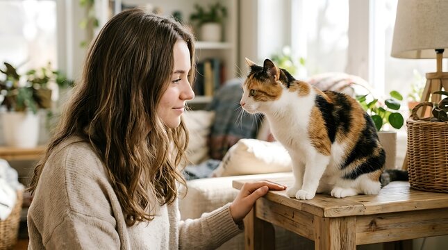Woman petting a cat on a wooden table. Cozy indoor moment with affectionate pet interaction.
