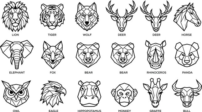 Set of various wild animal head icons designed in a minimalist geometric line art style on white background