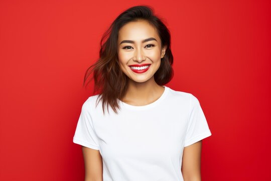 Cheerful asian woman smiling widely, wearing a white t shirt on a vibrant red background