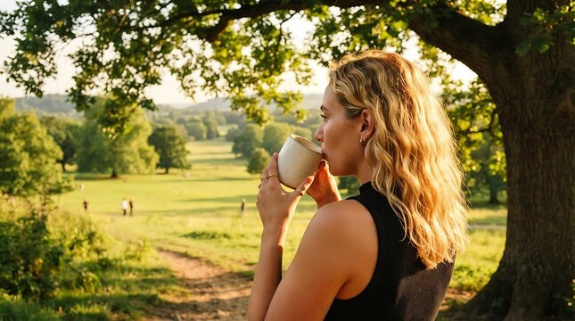 Woman enjoying refreshing drink in lush green meadow. Relaxing outdoor moment with natural scenery and serene ambiance.
