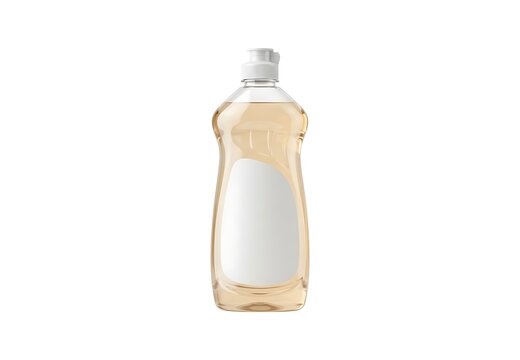 Clear plastic bottle of yellow dish soap with a blank white label for branding design isolated on white background