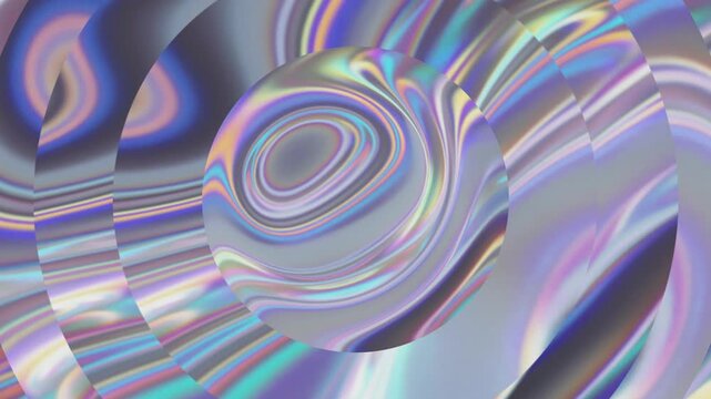 Holographic glass mirror. Abstract iridescent circles ripple across metallic surface. Chrome rainbow reflections twist inward. Futuristic sci-fi looping background.