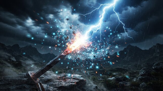 Lightning striking a metal rod in a storm