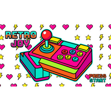 Retro Arcade Joystick Controller with Vibrant Colors and Pixel Art Elements, "Retro Joy" Text and "Press Start" Message, 80s Gaming Nostalgia