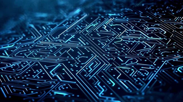 Abstract digital motherboard background showing neon glowing blue light pulses flowing through intricate copper circuit board traces in motion video footage.