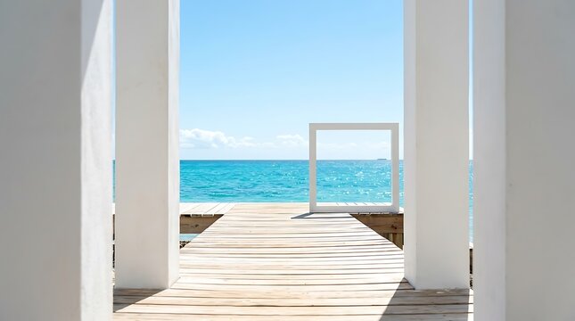 Modern beachfront walkway leading to turquoise ocean waters. Stylish seaside path with minimalist white railings and bright daylight ambiance.