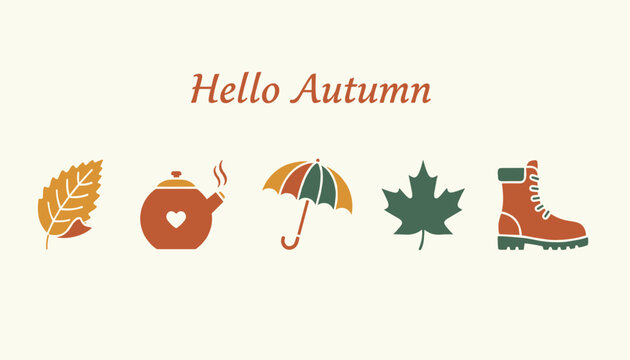 Colorful hello autumn greeting banner features flat icons of falling leaves, warm teapot, umbrella, and winter boots.