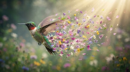 Fototapeta premium Hummingbird flying through a field of wildflowers with floral dispersion