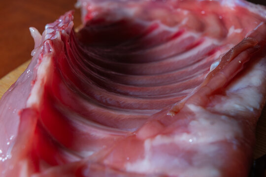 Raw Uncooked Rabbit Ribs Displaying Fresh Pink Meat and Prominent Bones on a Wooden Surface for Culinary Preparation and Healthy Protein Source