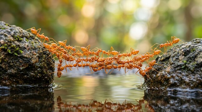 Orange ants forming living bridge across rocks demonstrating teamwork cooperation collective strength problem solving natural behavior and survival in wildlife concept