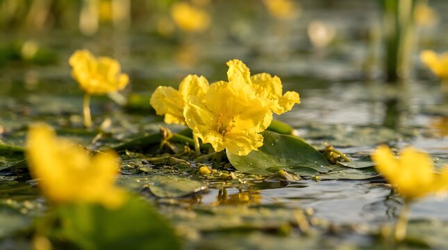 Vibrant yellow water lilies blooming in natural pond. Fresh aquatic flowers with soft sunlight reflection.