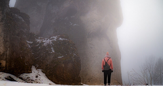 Back of Woman Wearing Pink Jacket in Mist Looking at the Mountain: Snowy Rocky Landscape, Winter Hike, Cold Outdoors Adventure Seeker, Solitude, Resilience