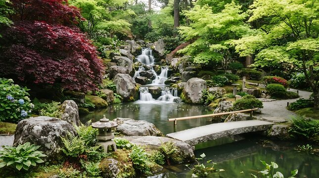 Serene Japanese garden with cascading waterfall and stone bridge. Lush greenery and tranquil pond landscape for relaxation.