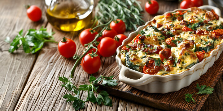 Creative food Concept. Classic warm comforting baked casserole with protein, vegetable, starch, meat on wooden table. copy text space