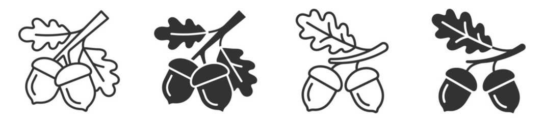 acorn icon set in solid and outline styles with oak leaves vector illustration on transparent background © gerik_a
