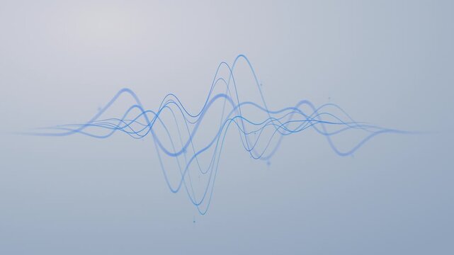 Smooth sound wave light background. Interwoven thin blue curves on soft gradient backdrop. Flowing sound lines, audio signal graph, minimalist frequency visualization white background. Calm sound 