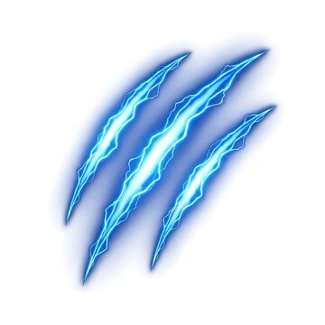 Three glowing blue electric claw marks isolated on a white background representing aggressive power and energy