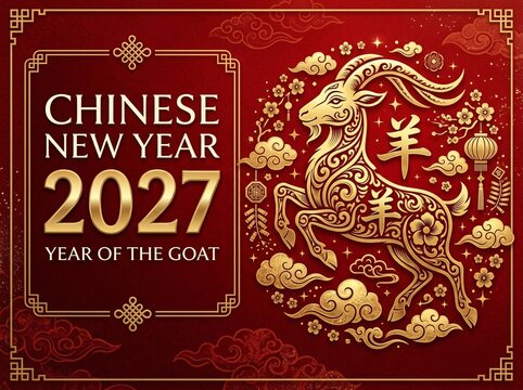 Chinese new year 2027 year of the goat greeting card with traditional decor
