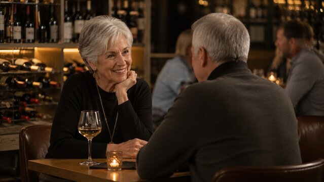 Senior couple enjoying a romantic dinner date in a dimly lit wine bar, representing retirement lifestyle, companionship, and anniversary celebration in an elegant restaurant setting.