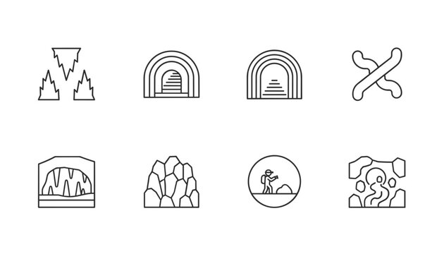 Eight black outline icons related to cave exploration, hiking, stalactites, tunnels, and rock formations.