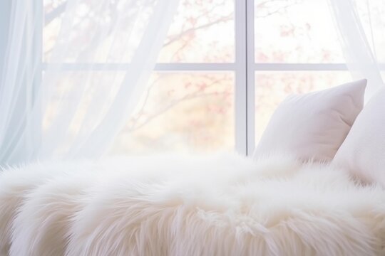 Window seat with white cushions and fluffy blanket bathed in soft morning light