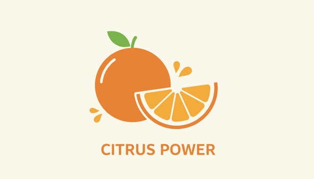 Citrus power logo featuring a whole orange fruit with leaf and a juicy slice showing wedges on cream background.