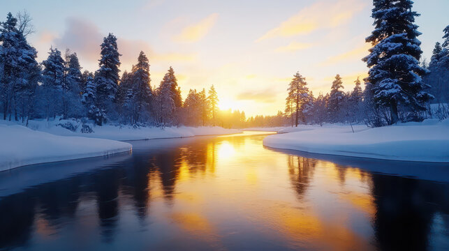Serene river reflects golden sunset, surrounded by snow covered trees and tranquil winter landscape. scene evokes peace and beauty