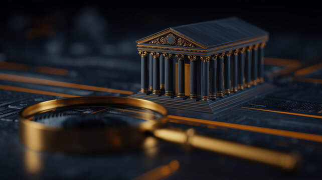 A courthouse model beside a magnifying glass represents legal investigation judicial review and regulatory compliance.
