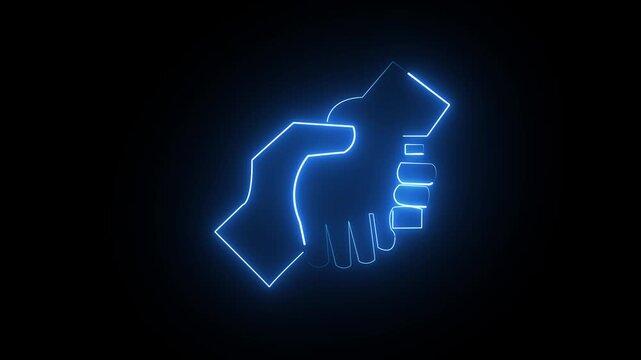 Blue neon handshake icon glowing on dark background