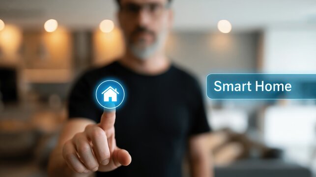 A man interacting with a smart home interface in a modern living room