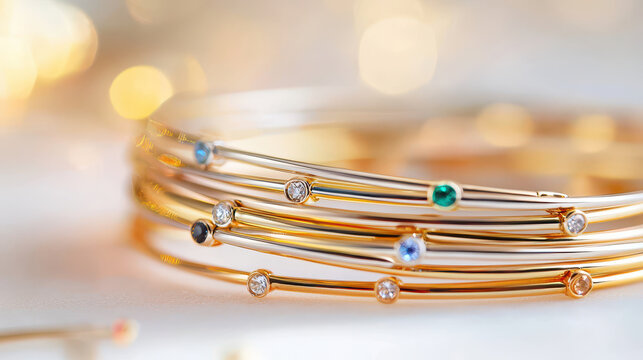 Delicate gold bangles adorned with colorful gemstones create stunning visual display, perfect for elegant fashion statements