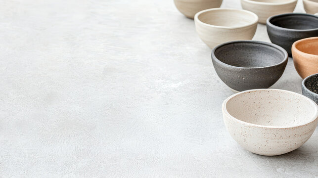 Handmade ceramic bowls in various colors and sizes arranged on textured surface, showcasing their unique designs and craftsmanship