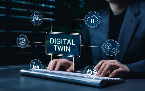 Digital twin technology concept. Businesswoman using industrial data network representing AI simulation, cloud integration, asset monitoring, process automation, predictive analytics, smart operations