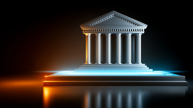 A classical bank building stands on a digital platform representing modern finance and secure banking technology.

